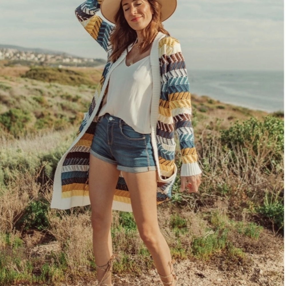 Love Stitch Dawn Chevron Stripe  Cardigan Sweater Pockets Medium Gold Brown Blue